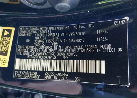 2017 Toyota Highlander Xle from USA, damaged, VIN 5TDJZRFH0HS476169